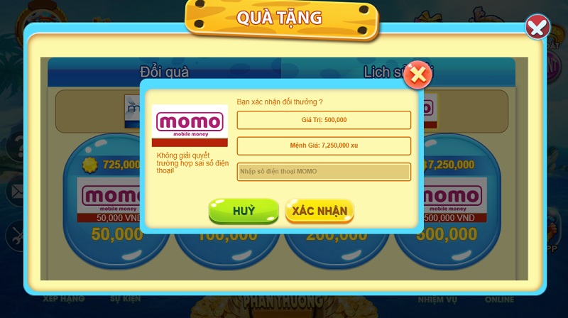 Nhập số điện thoại vào để rút tiền từ tài khoản game về ví điện tử Momo